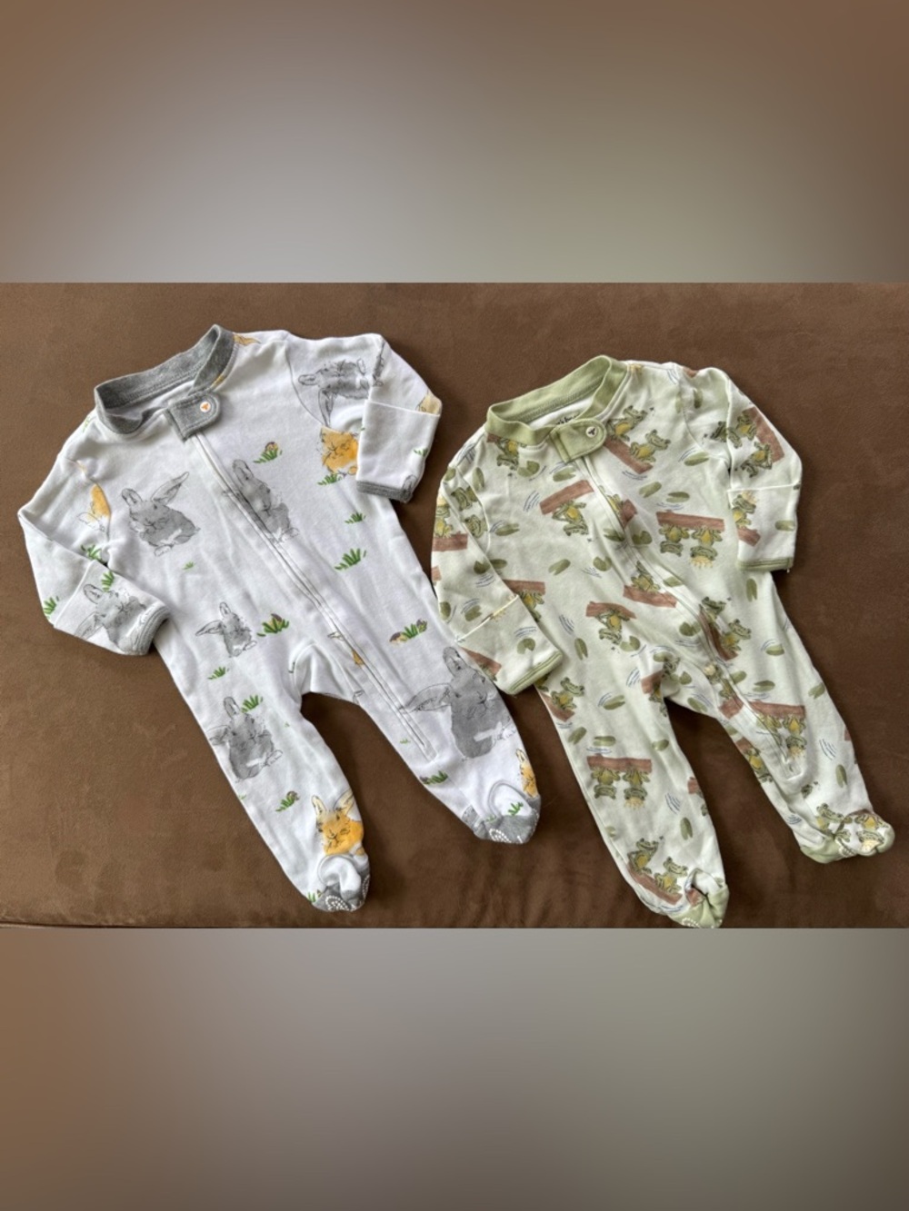 *SOLD* Burt's Bees Baby Green and White Bunny & Frog Footie Set